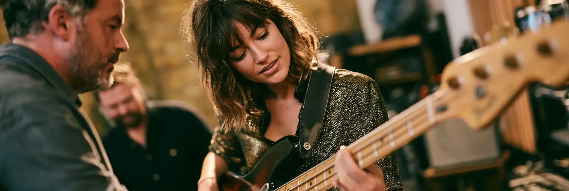 A bass teacher watching an adult student play an electric bass guitar