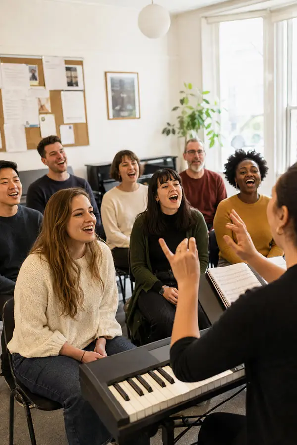 Teacher leading adults singing from a keyboard