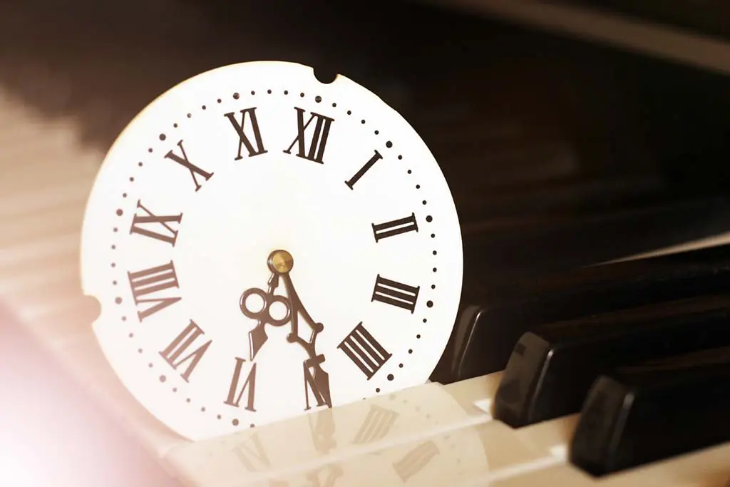 Clock face resting on piano keys