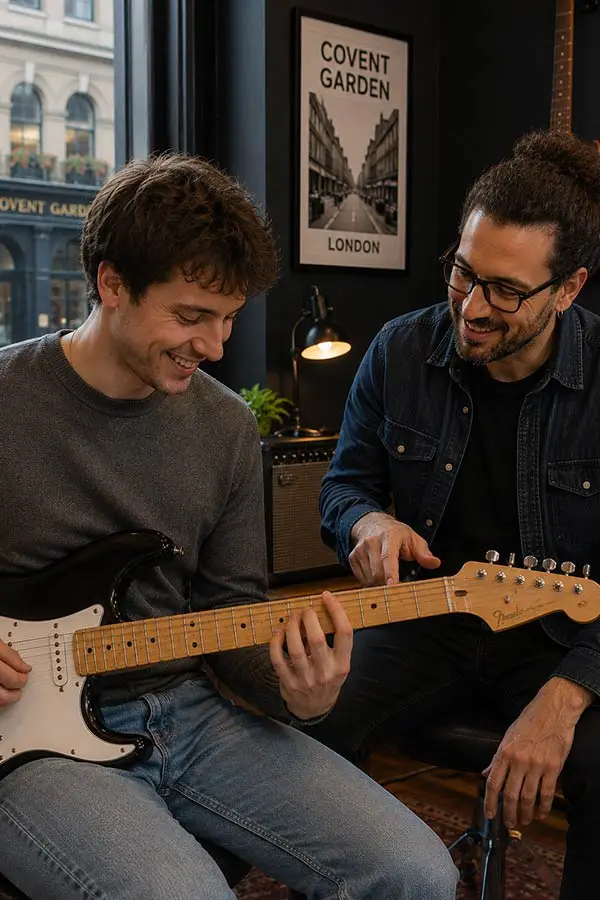 Teacher guiding a student playing electric guitar