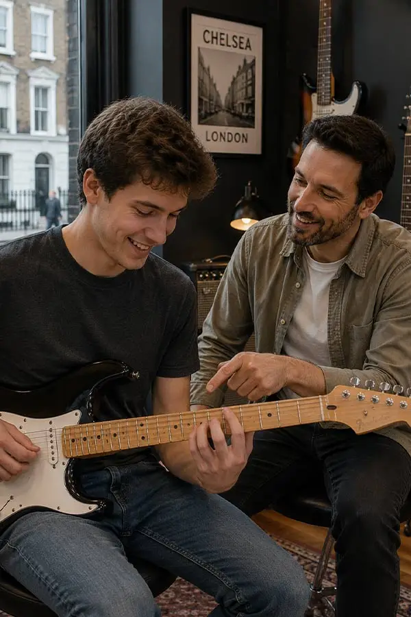 Teacher guiding a student playing electric guitar