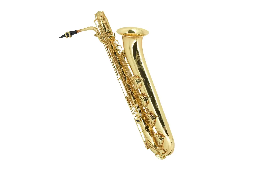Gold baritone saxophone isolated on a white background