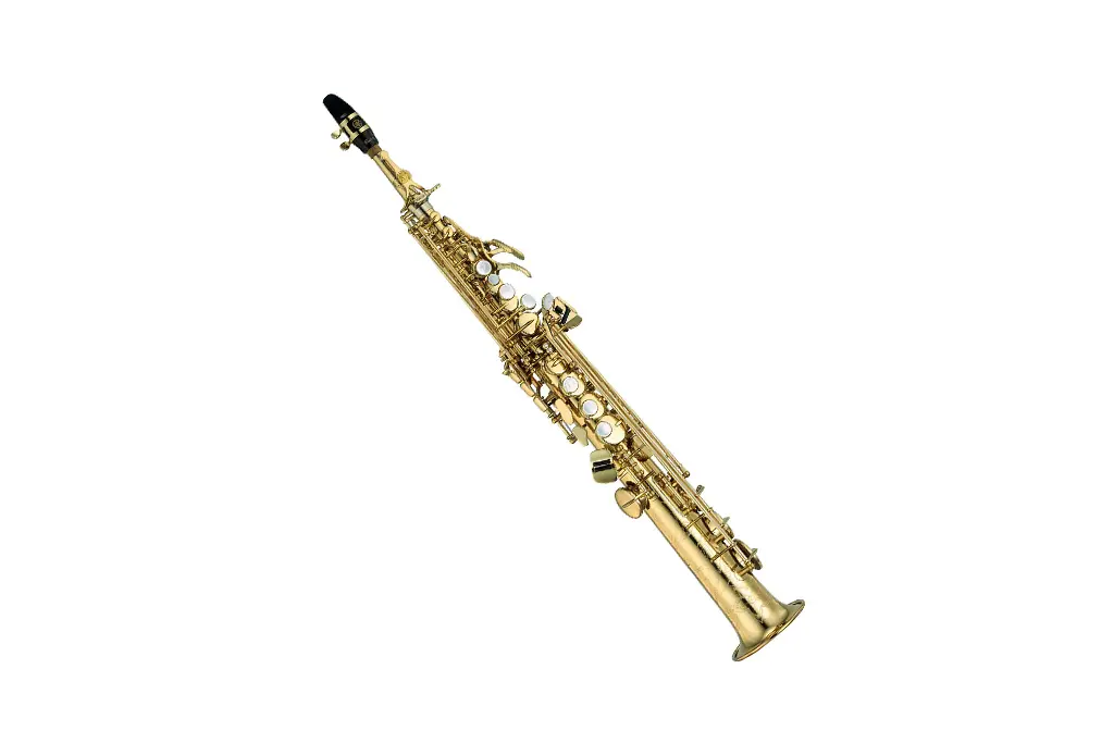 Gold soprano saxophone on a white background