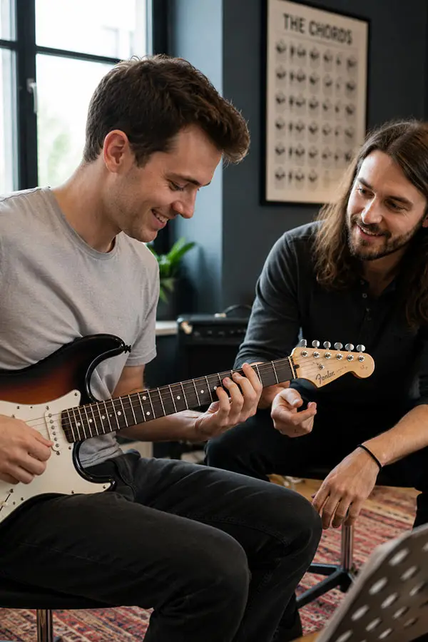 Teacher watches a man in a grey T-shirt playing an electric guitar