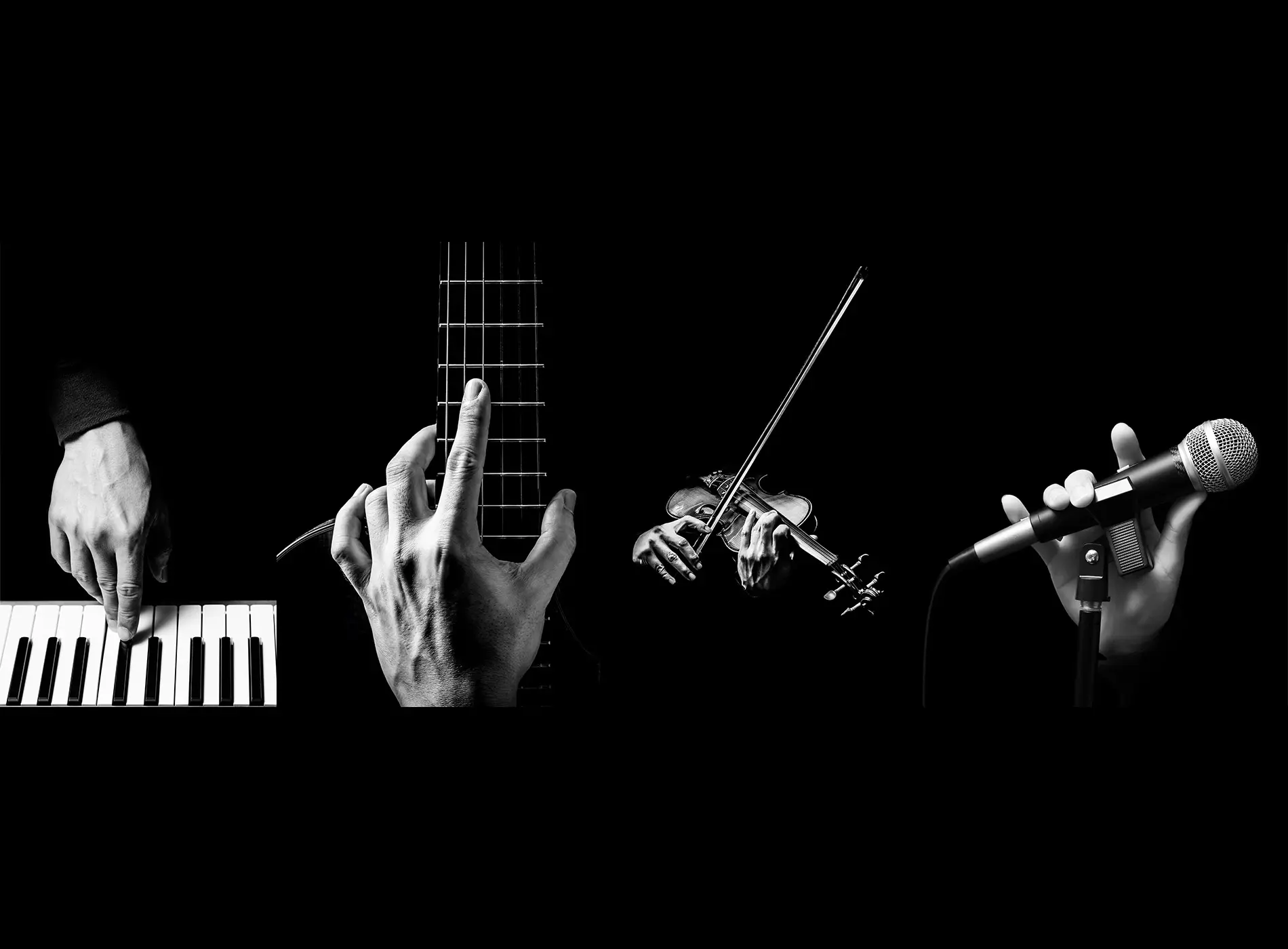 Hands playing different music instruments