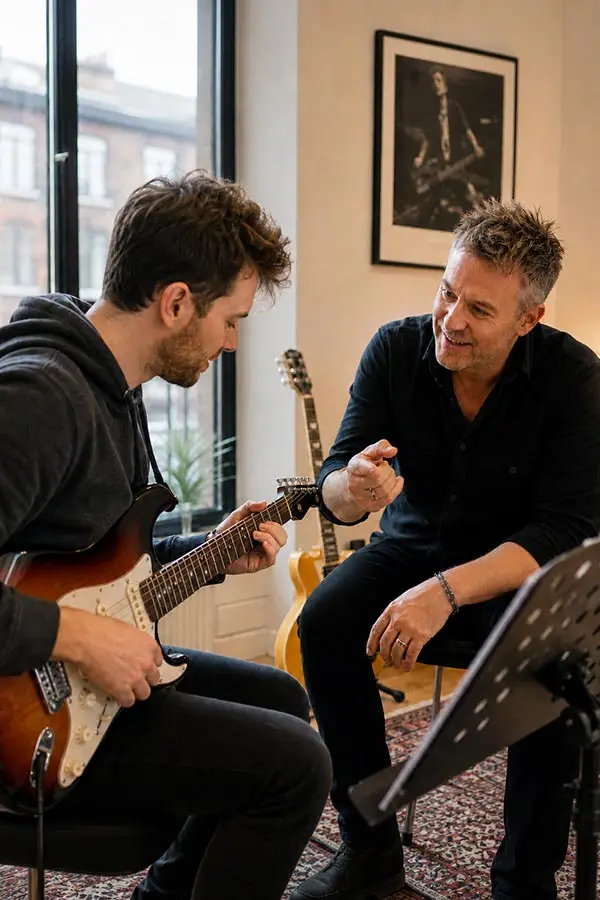 Teacher coaches a man in a hoodie playing an electric guitar