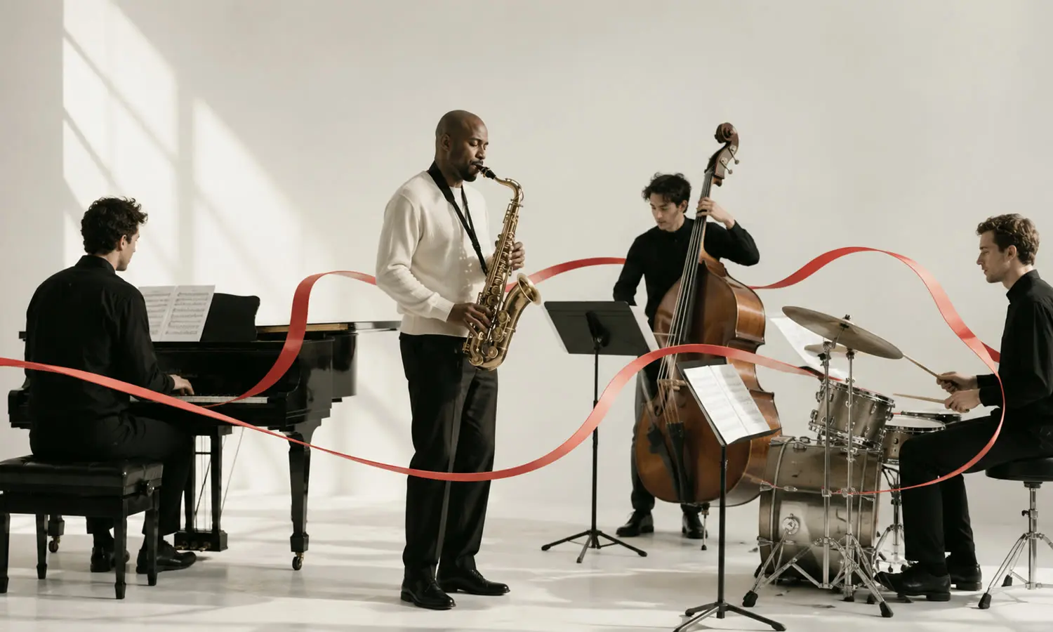 Pianist, saxophonist, double bassist and drummer playing together in a bright room.