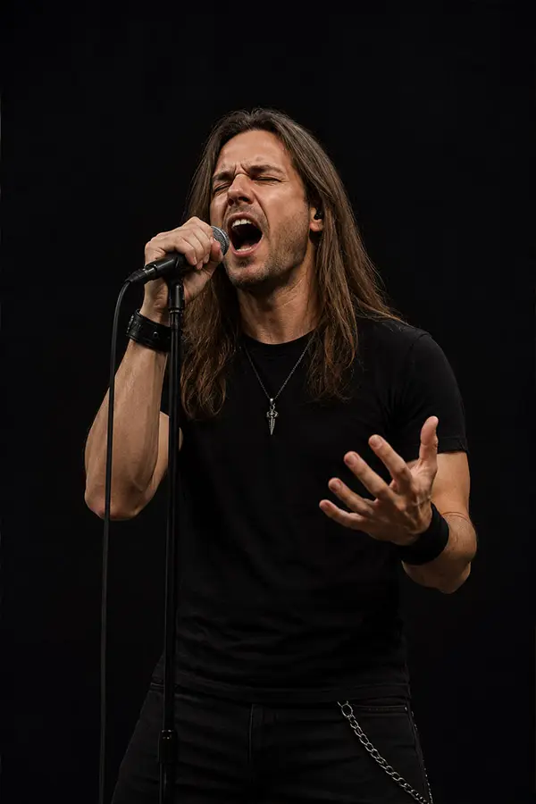 Long-haired male singer performing into a microphone