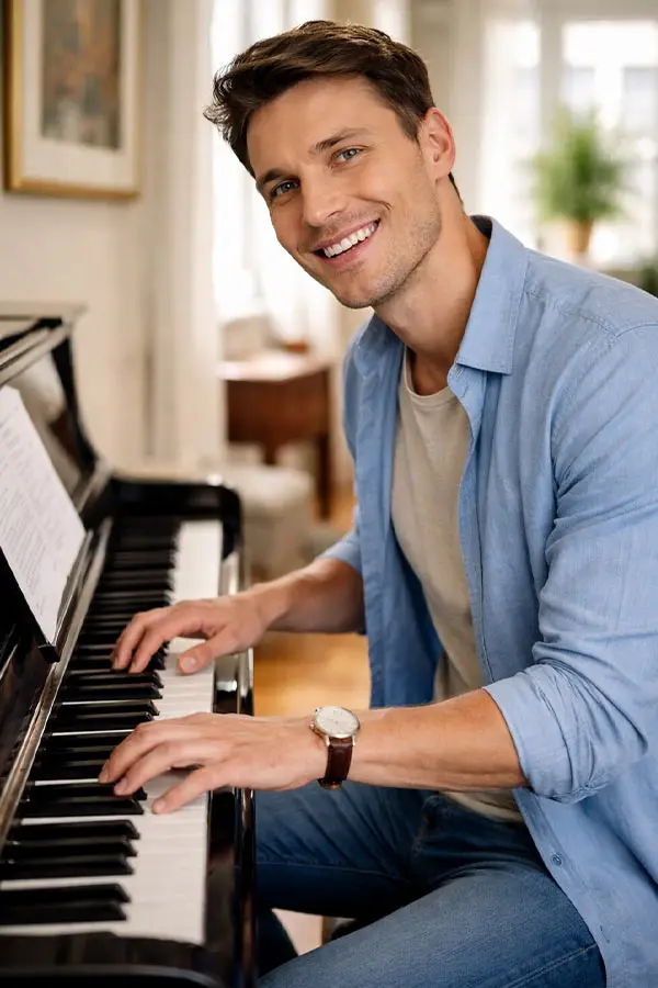 Smiling man in a light blue shirt playing piano indoors