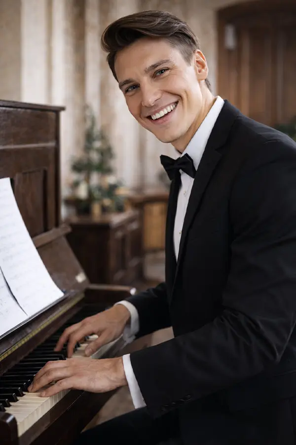 Smiling man in a bow tie playing an upright piano
