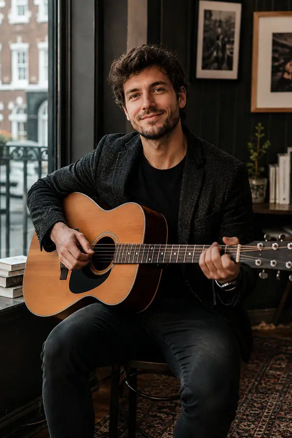 Man seated by a window playing an acoustic guitar