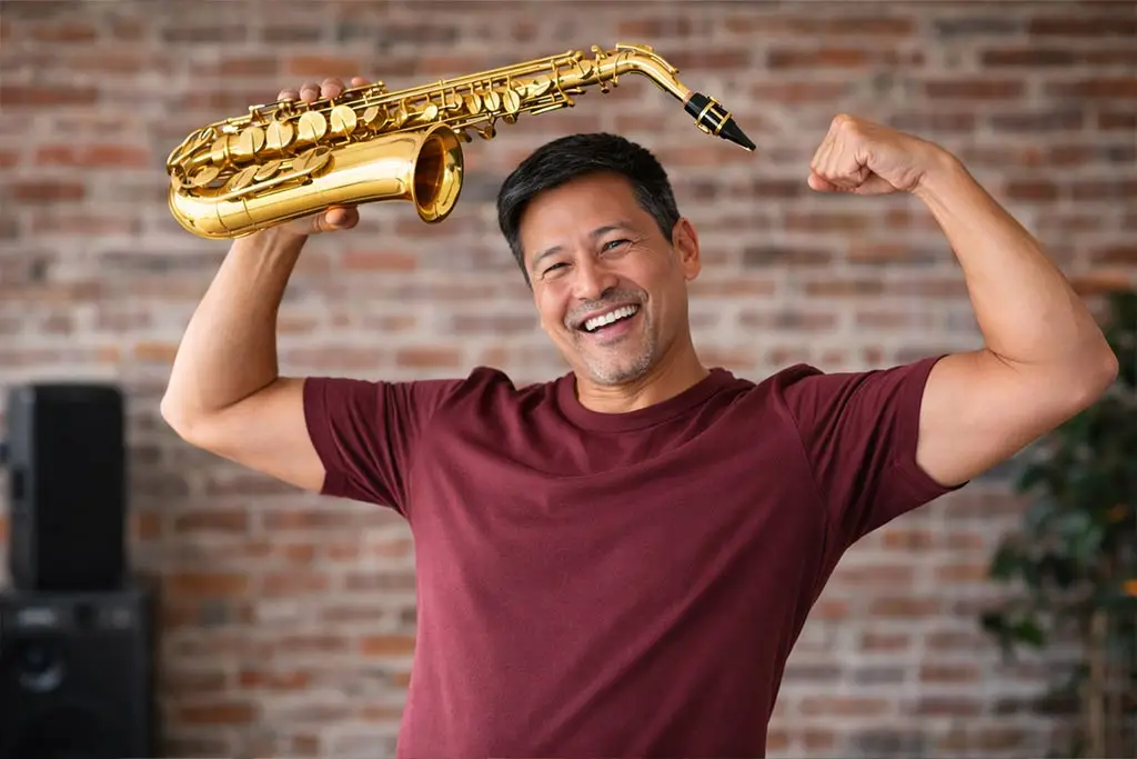 Smiling man flexing while holding a saxophone
