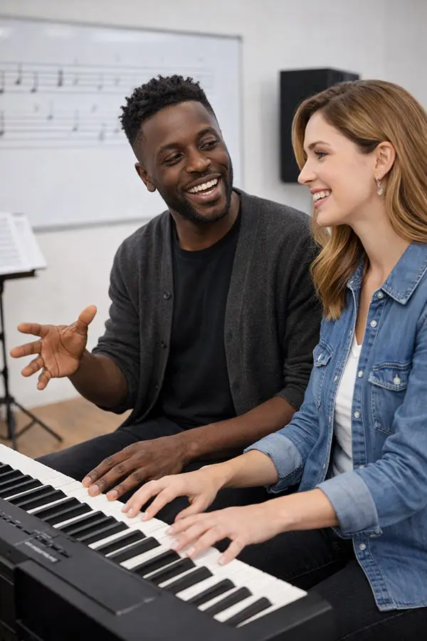 Man guiding a smiling woman at a digital piano