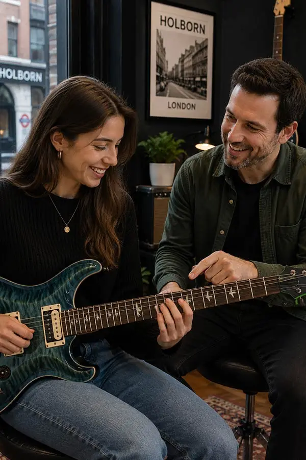 Man guiding a woman playing an electric guitar