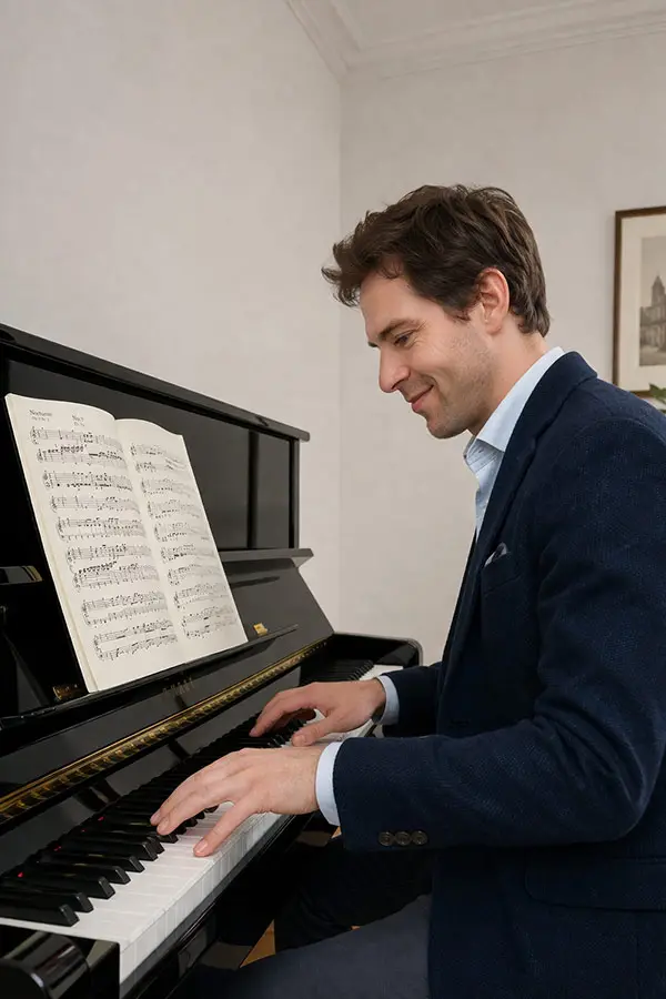 Man in a navy jacket playing an upright piano with sheet music