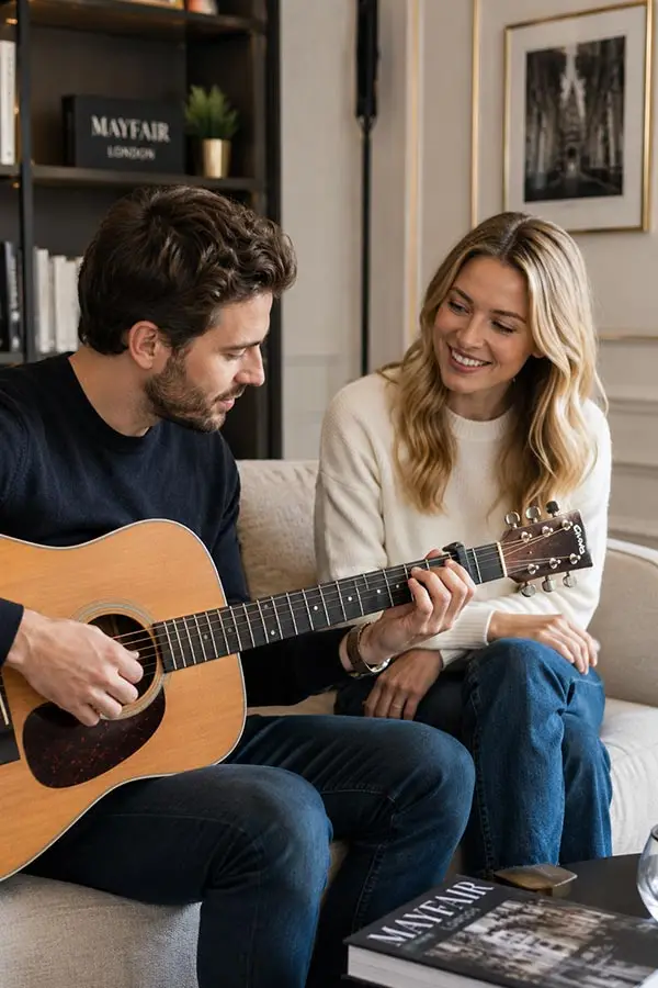 Man playing acoustic guitar beside a smiling woman on a sofa