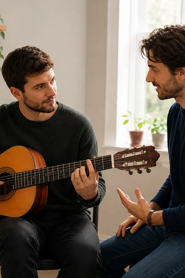 Man playing classical guitar as another man gestures beside him