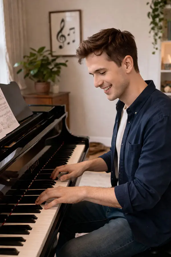 Smiling man playing piano with sheet music beside plants