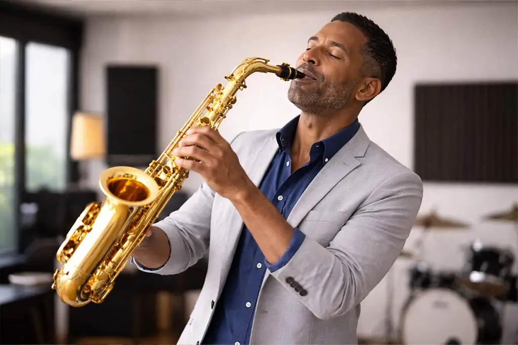 Man in a grey blazer playing tenor saxophone with a drum kit behind