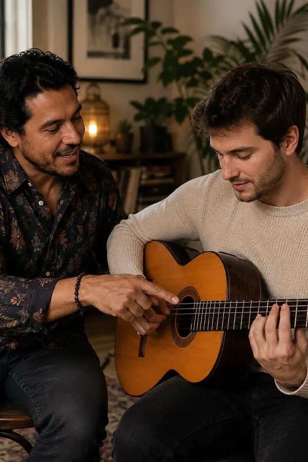 Man pointing as another man plays a classical guitar indoors
