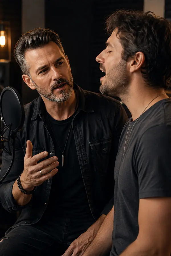 Man singing beside a studio microphone as another man gestures