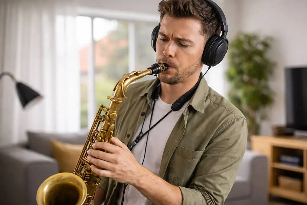 Man wearing headphones playing a saxophone indoors