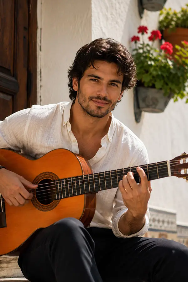 Man in a white shirt playing a classical guitar outdoors