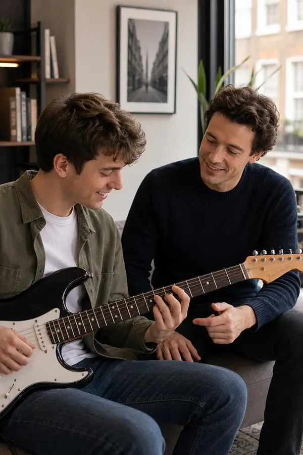 Man playing electric guitar while another man offers guidance