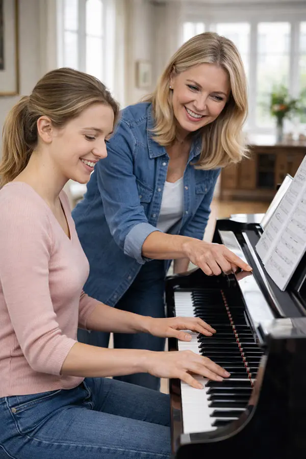 Teacher guiding a student at a piano with sheet music