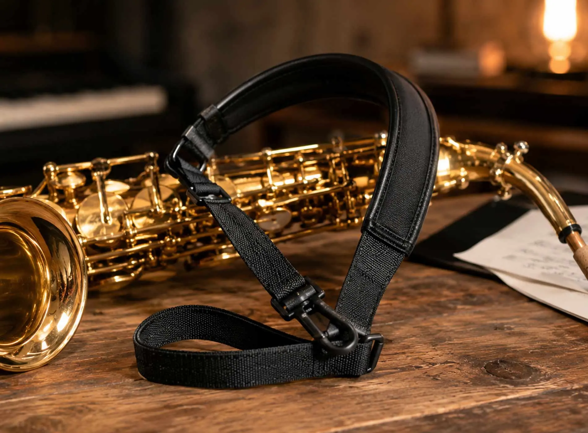 Saxophone neck strap beside gold saxophone and sheet music in warm studio setting