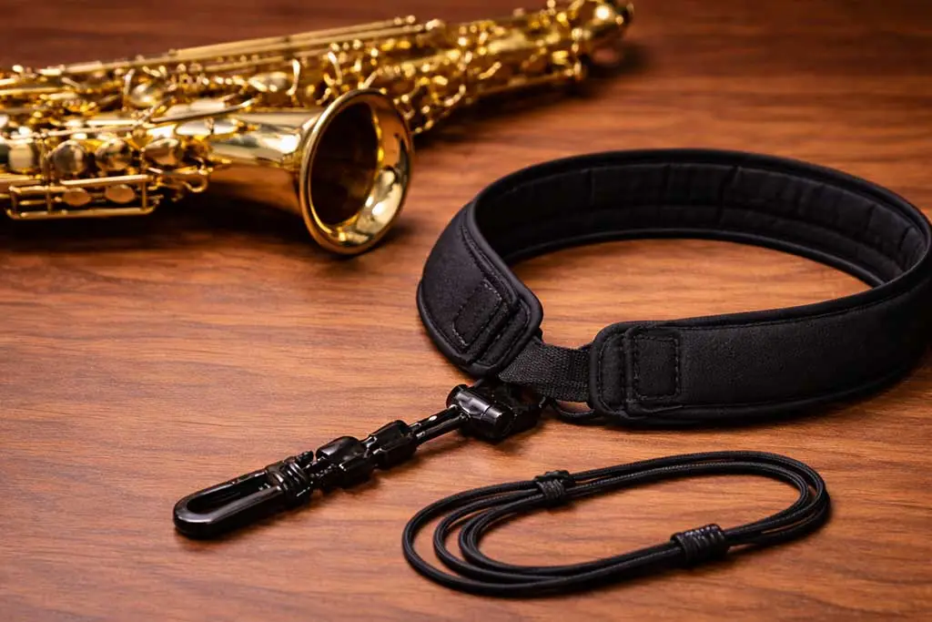 Saxophone neck strap beside a brass saxophone on a wooden surface