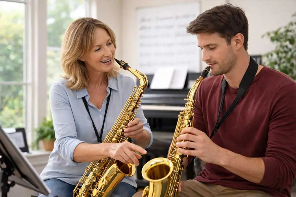 Tutor guiding an adult saxophonist in a music room