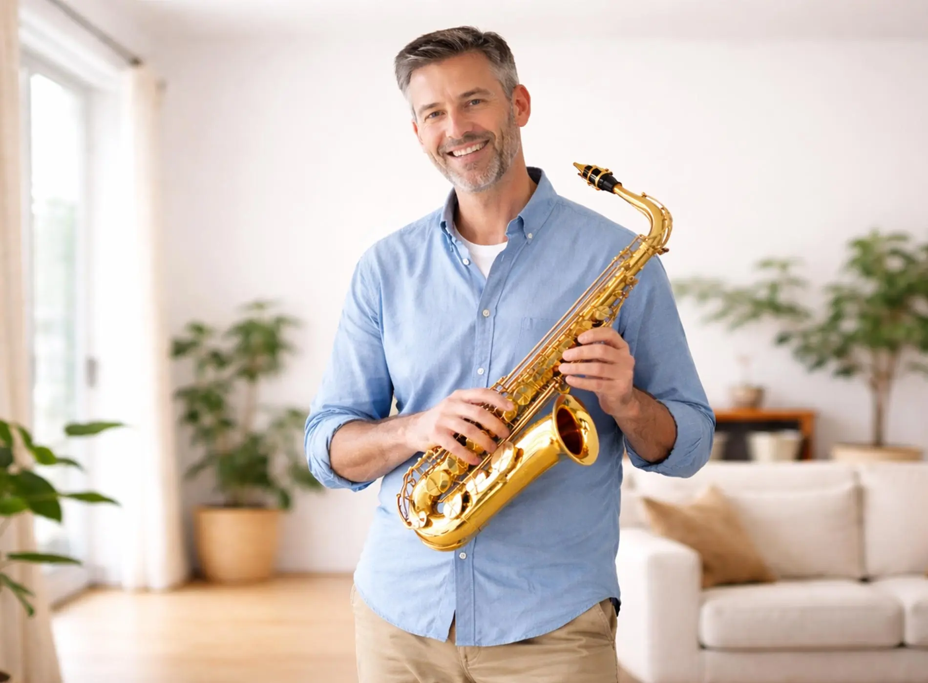 Man smiling holding a saxophone