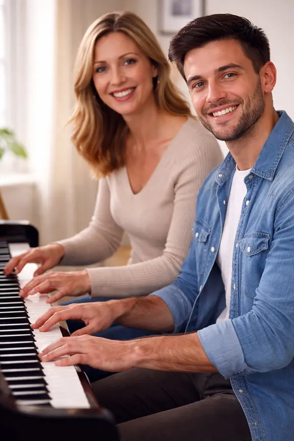 Two adults smiling while playing piano together