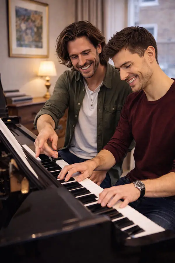 Two men smiling at a piano as one points to the keys