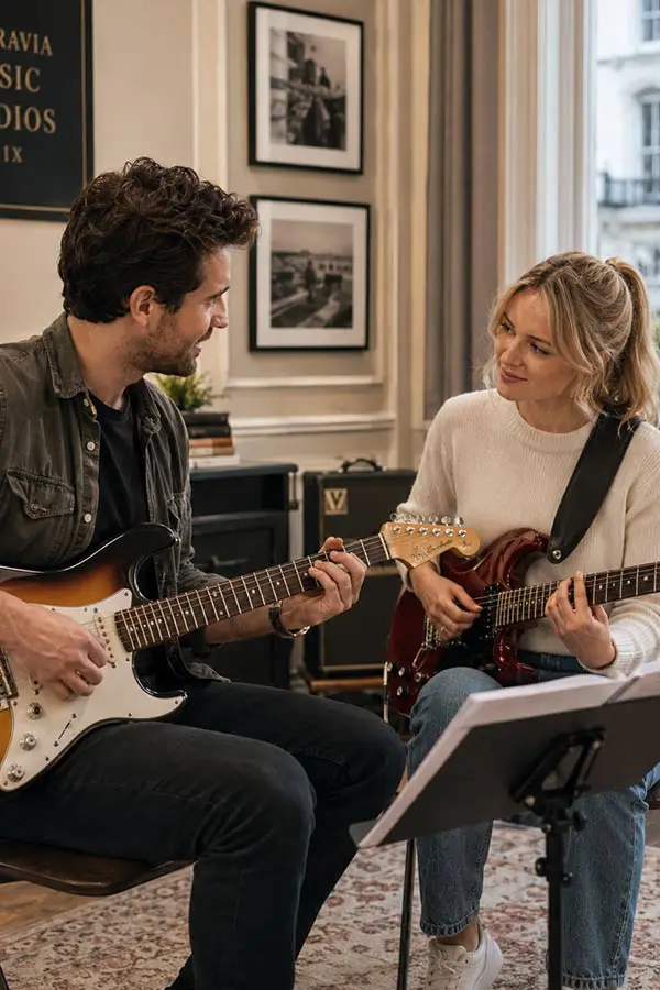 Two people playing electric guitars beside a music stand