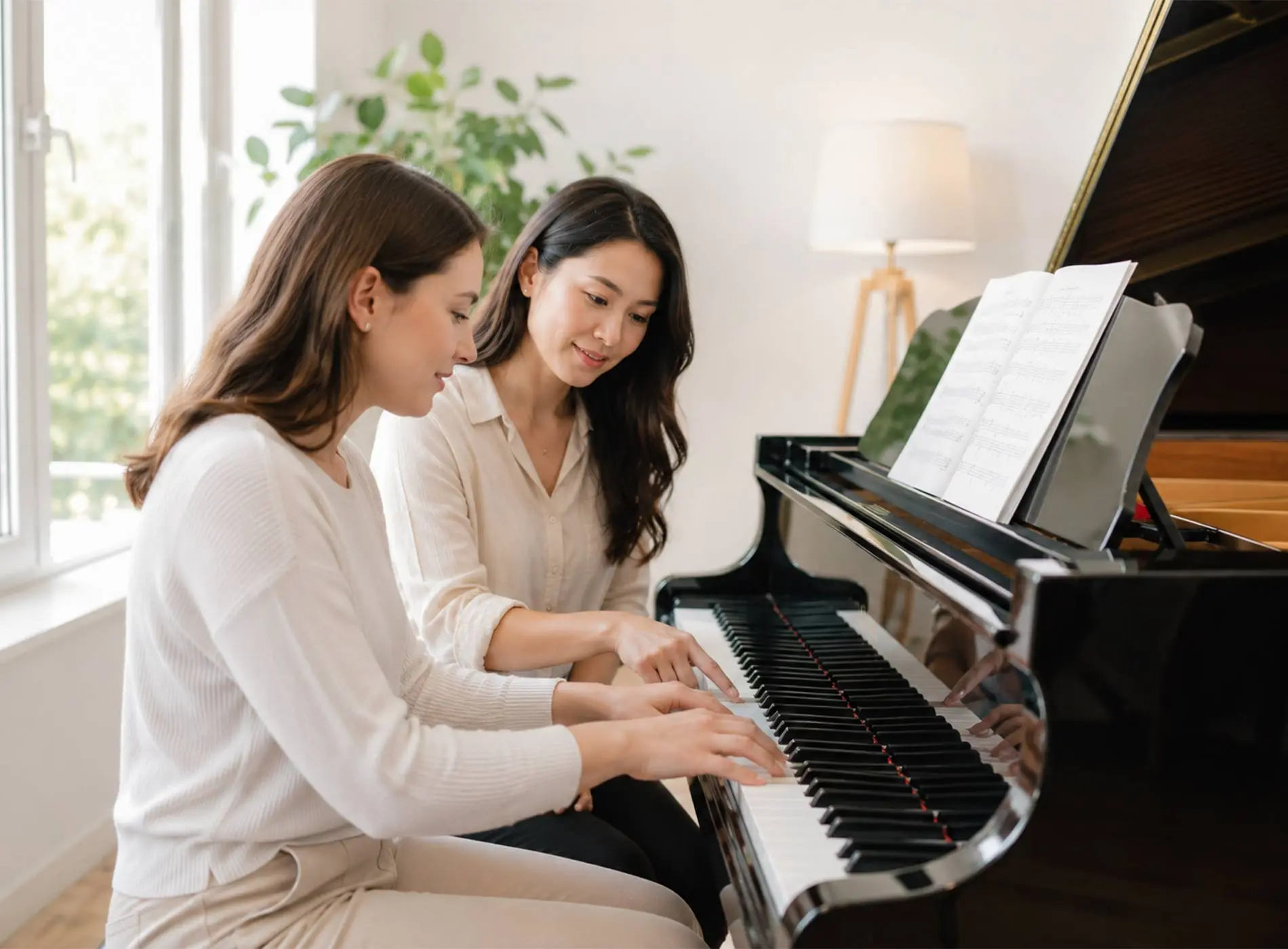 Two women practising at a grand piano with sheet music