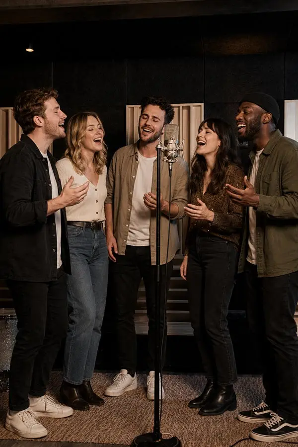Five singers performing around a studio microphone