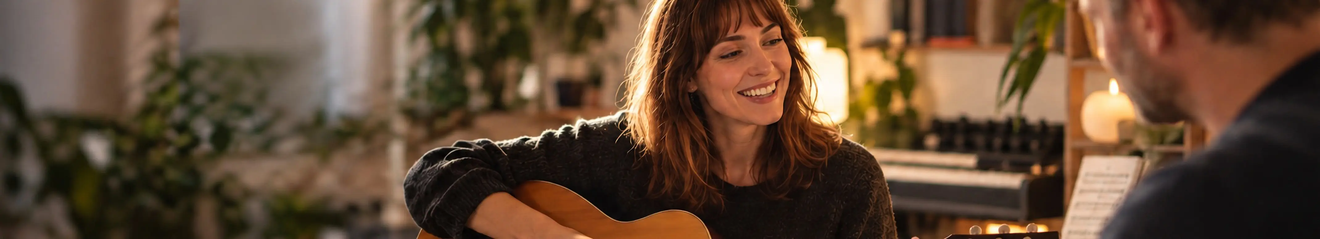 A smiling woman playing an acoustic guitar in a warmly lit music room