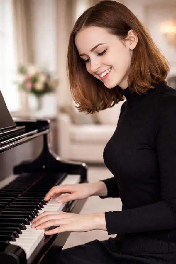 Smiling woman in a black top playing a grand piano