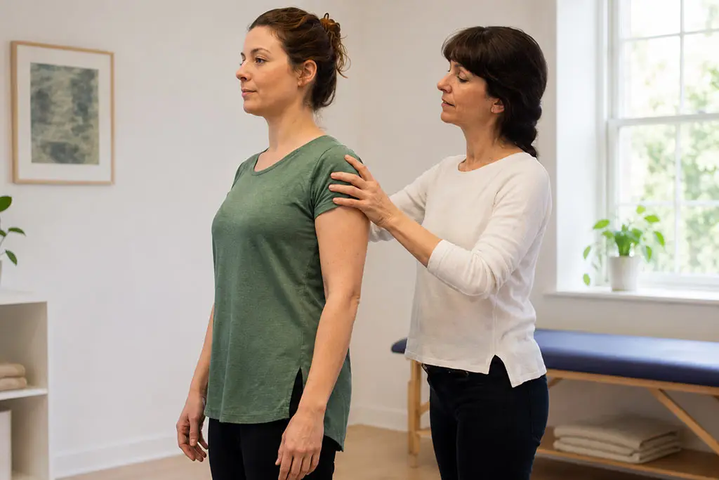 Woman guiding another woman's shoulder posture in a studio