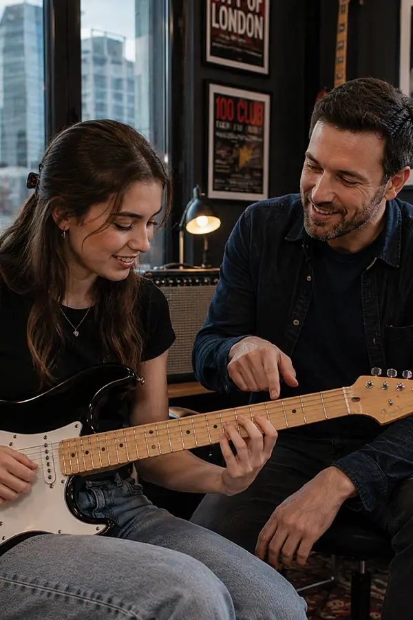 Woman learning electric guitar with a teacher pointing at the fretboard