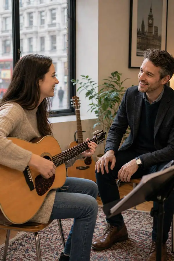 Woman playing acoustic guitar while a man listens nearby