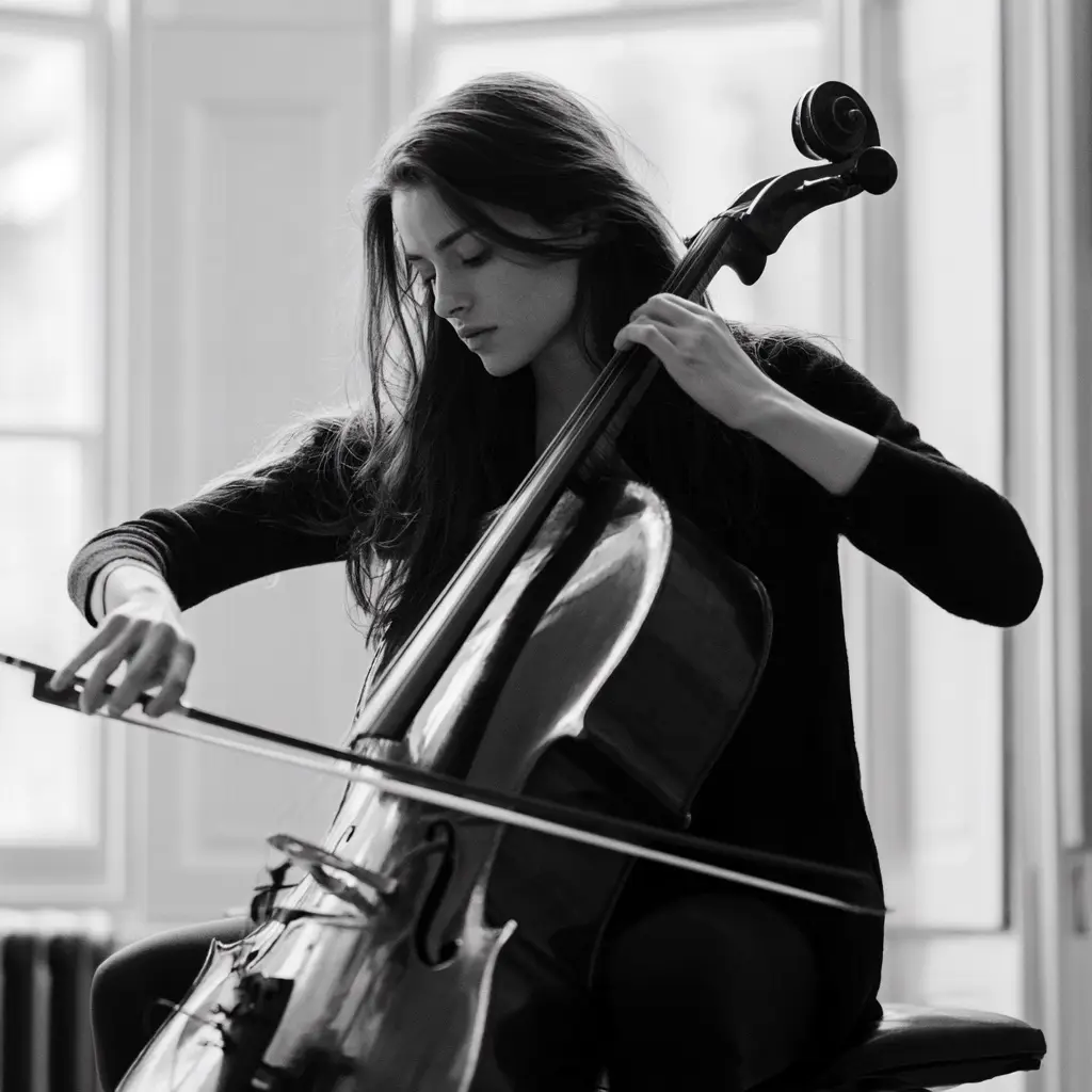 Cellist playing beside a bright window, in black and white.