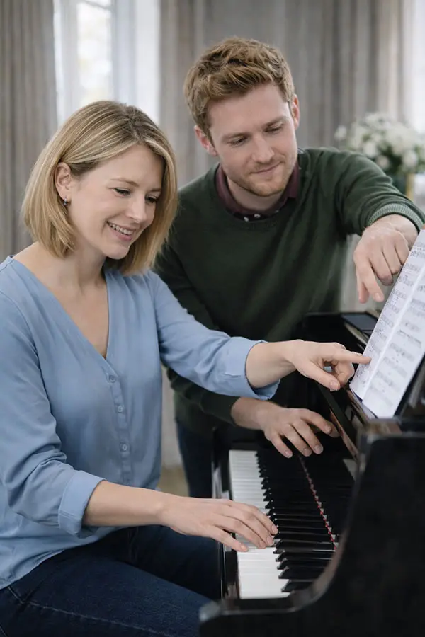 Woman playing piano with a man pointing at sheet music