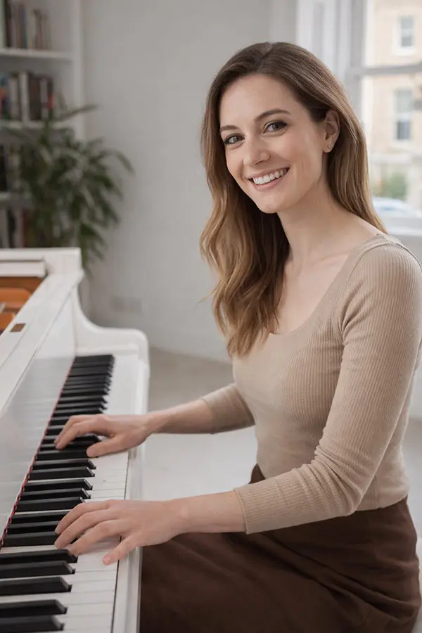 Smiling woman in a beige top playing a white grand piano