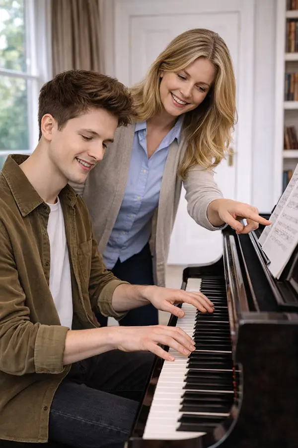 Woman points to sheet music while a man plays piano