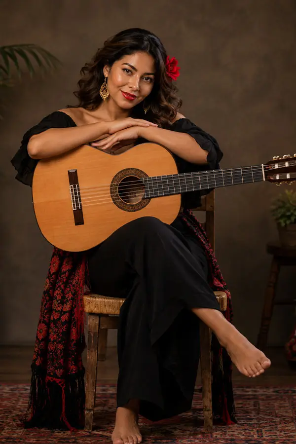 Woman seated with a classical guitar and red flower in her hair