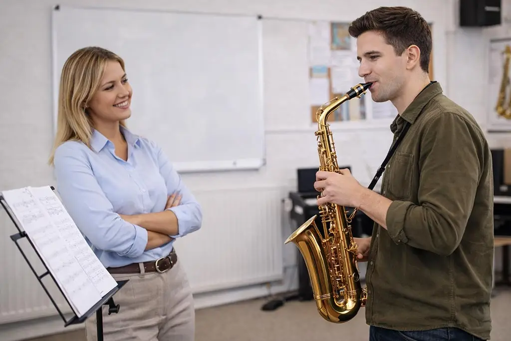 Woman watching a man play alto saxophone beside a music stand