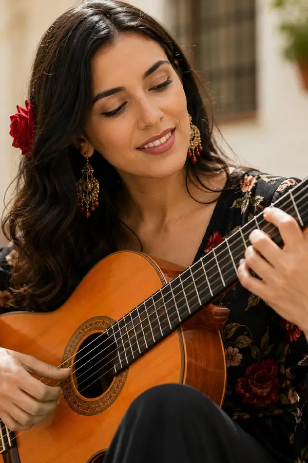Woman with a red flower in her hair playing classical guitar